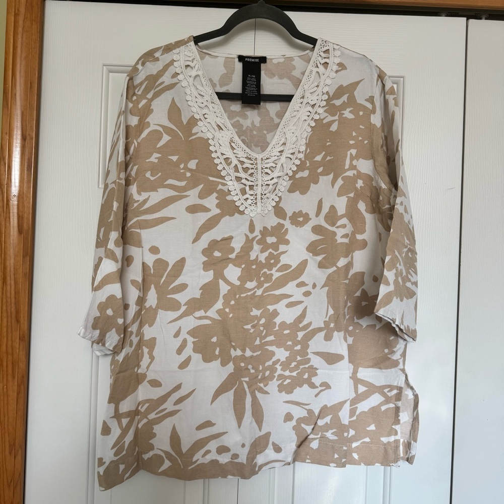 PREMISE Tan and White Floral Embroidered Linen Blend V Neck Tunic